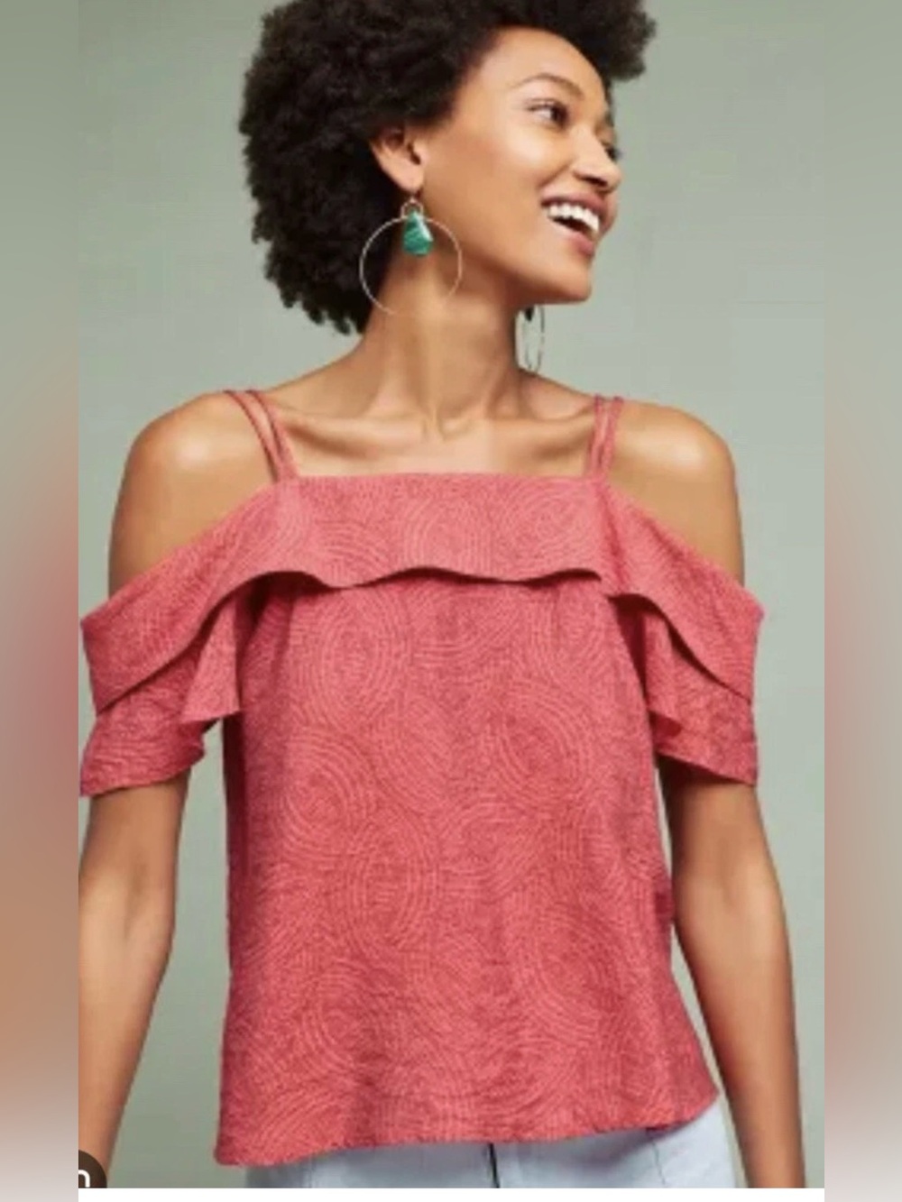 Anthropologie Maeve Off Shoulder Top Medium Coral Ruffle Cold Shoulder Boho - Picture 2 of 12